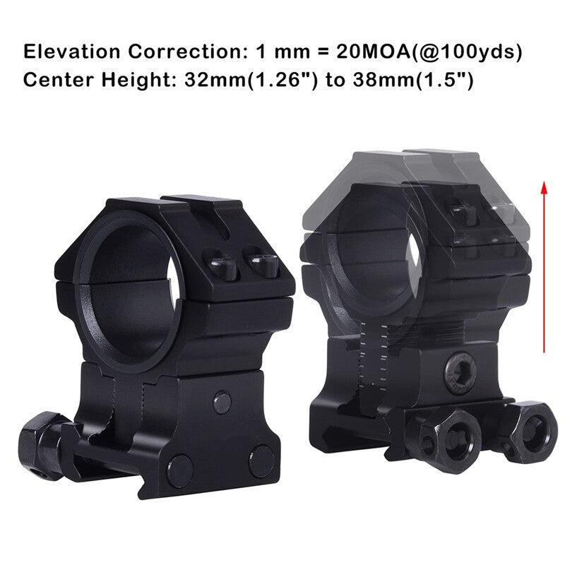 2 x Precision Rifle Scope Ring 1''/30mm Mount Adjustable Center Height 20mm Rail