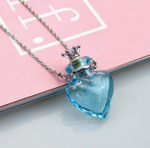 Vial Necklace, Stainless Steel Glass Heart Perfume Bottle 29mm, Light Blue
