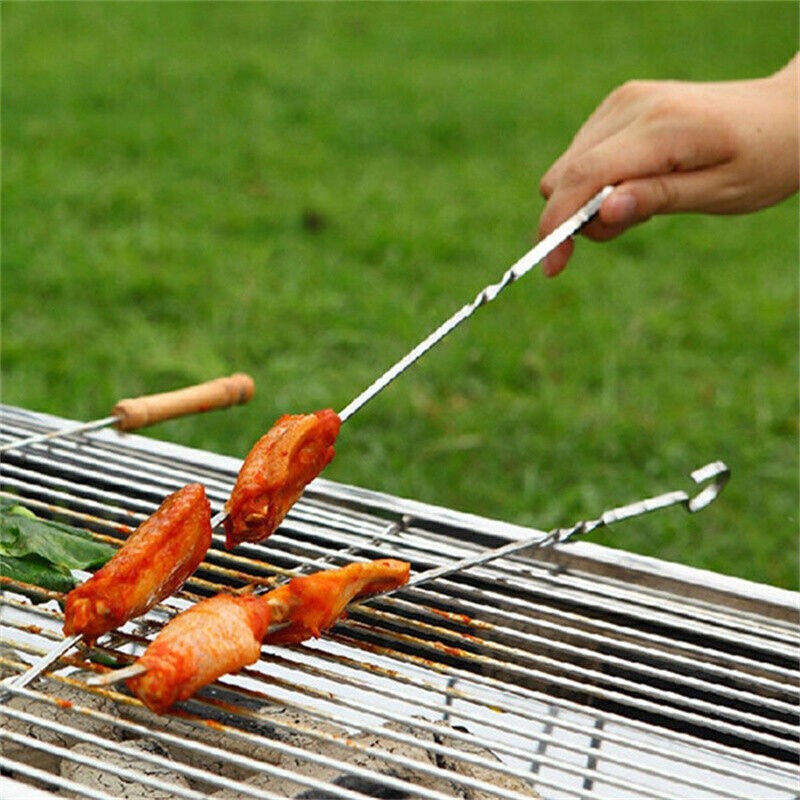 10 PCS LONG Metal Kebab Grill Steel Sticks Flat BBQ Skewers Barbecue Meat