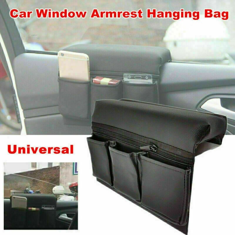 Car Window Armrest Hanging Bag Storage Box Pocket Organizer Phone Holder Black -