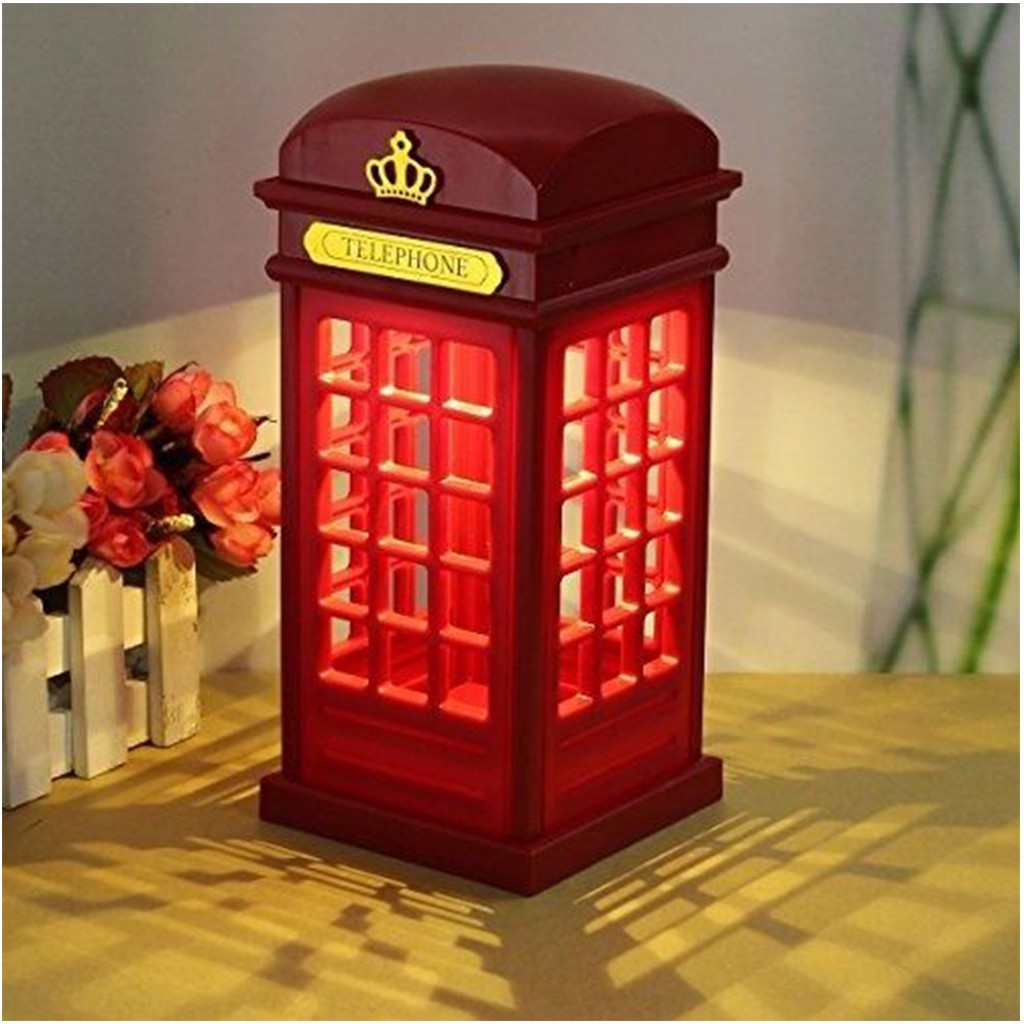 Red London Telephone Booth Night Light Bedside LED Table Lamp USB /Battery