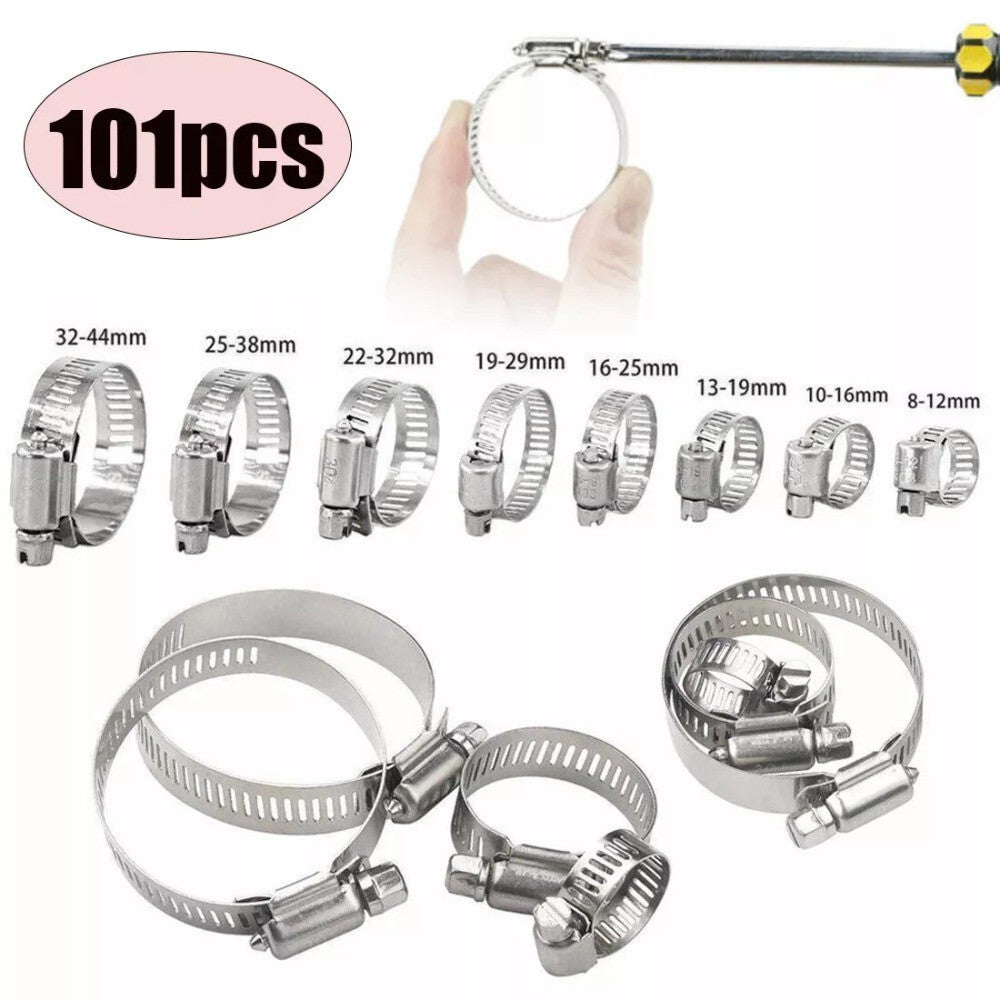101x Assorted Stainless Steel Hose Clamp Kit With No Driver Jubilee Clips Set