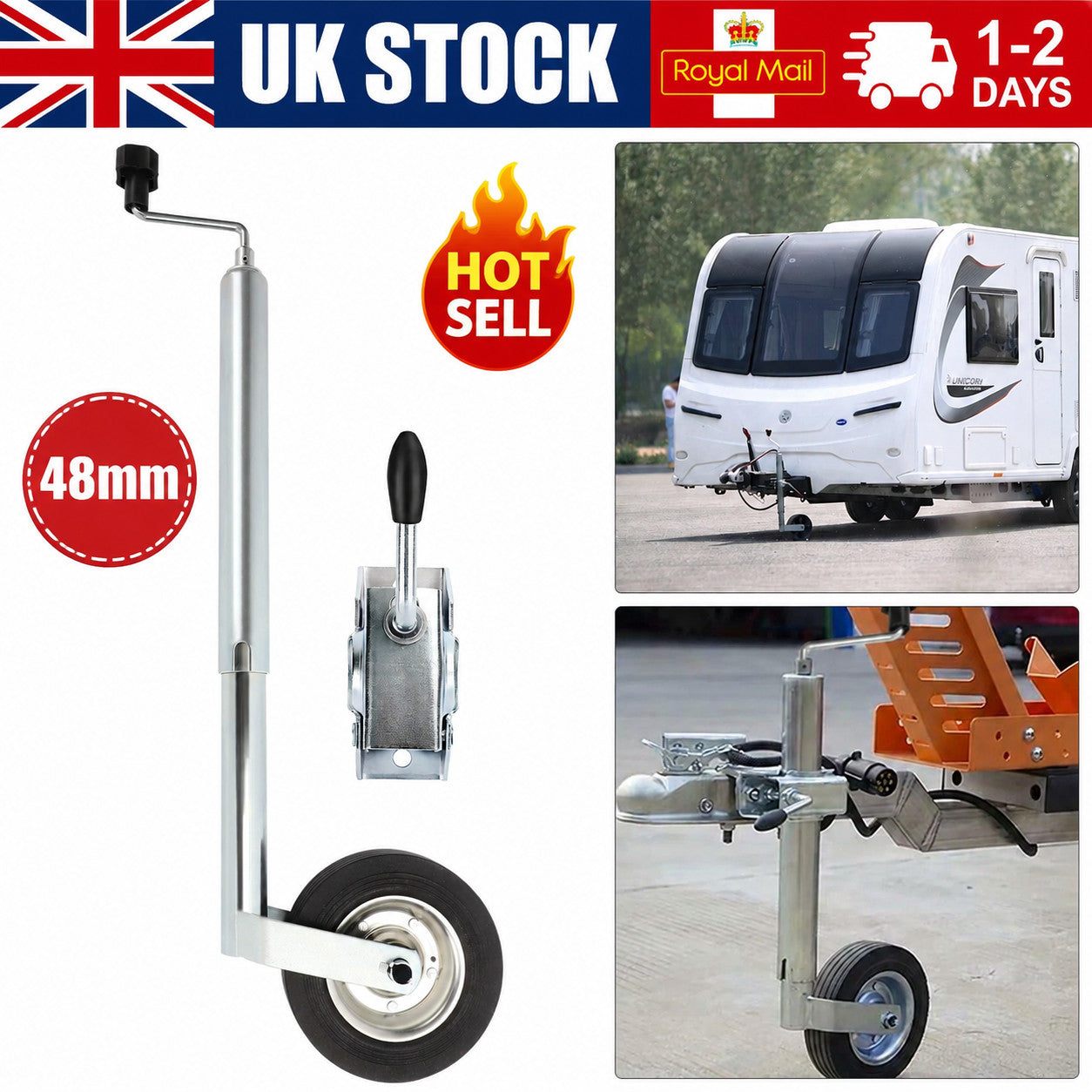 Heavy Duty Caravan Jockey Wheel & Clamp 48MM Trailer Plastic Rim Wind UK Seller