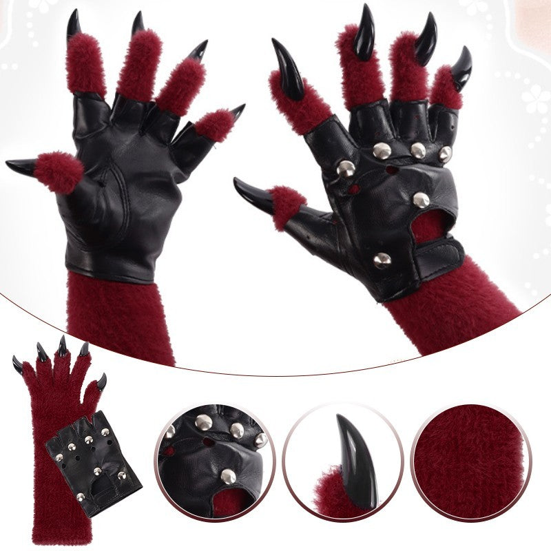 Fursuit PU Leather Fur Gloves Animal Paw Gloves Beast Claws for Party Cosplay