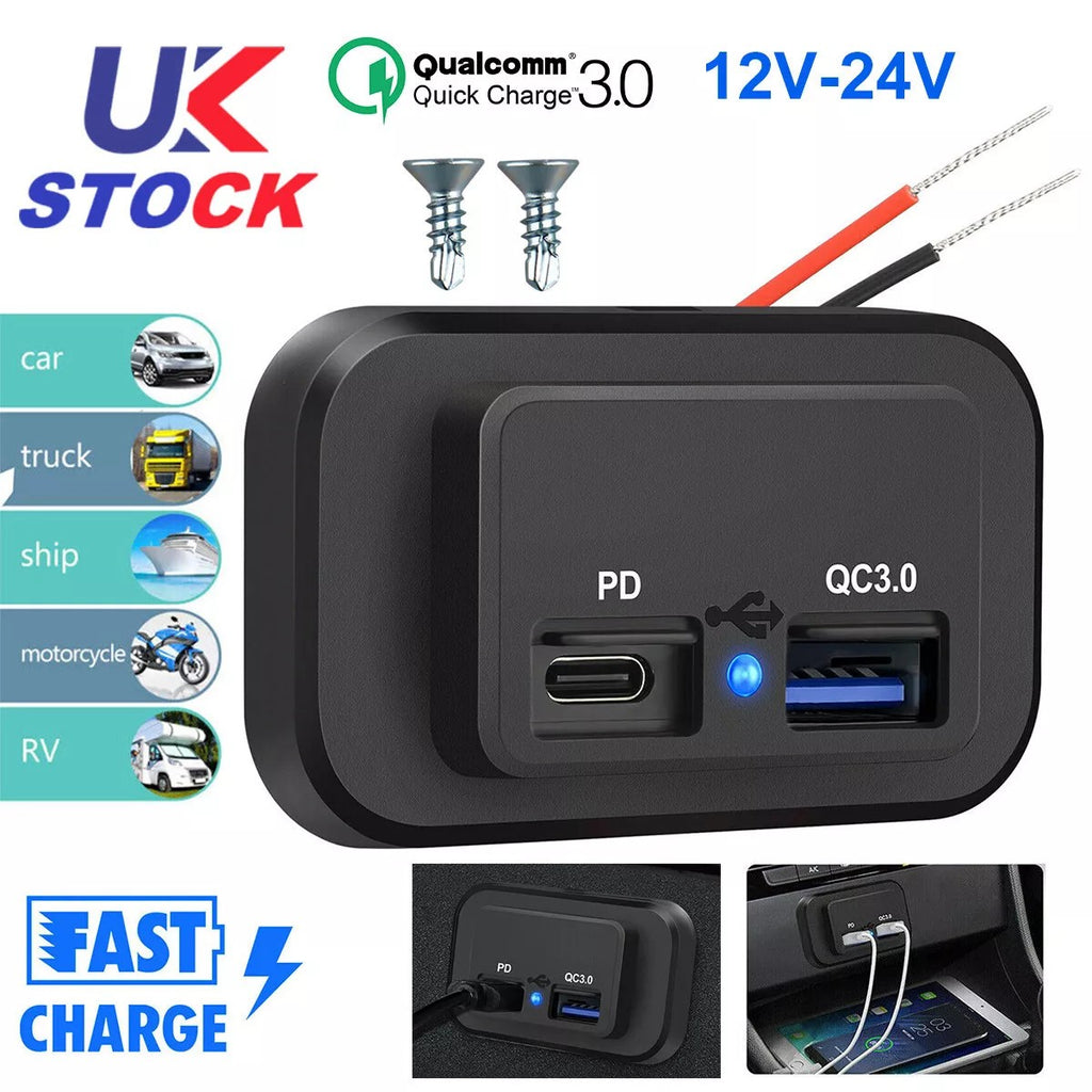 Car DC 12V-24V PD Type C USB Port Fast Charger Socket Power Outlet Panel Charger
