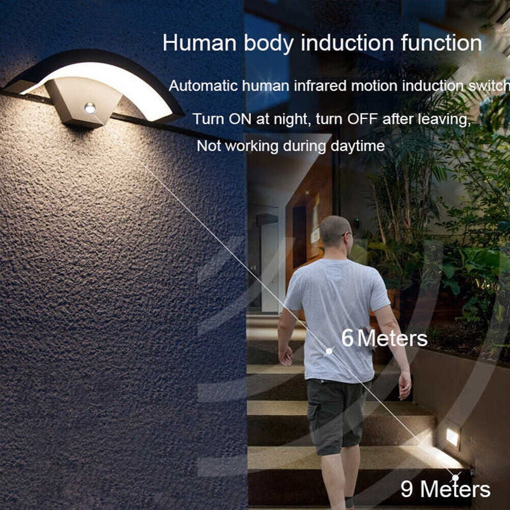 Modern Curved Outdoor LED Wall Light PIR Motion Sensor Lamp Outside Garden Porch