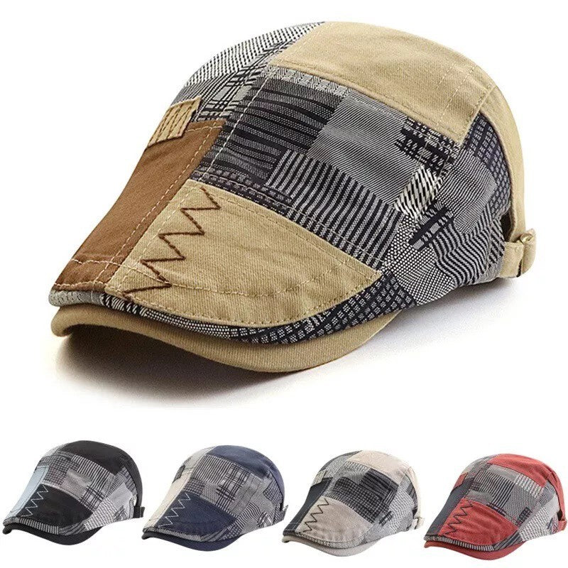Men Patchwork Flat Cap Cotton Golf Driving Cabbie Gatsby Cap Beret Newsboy Hat