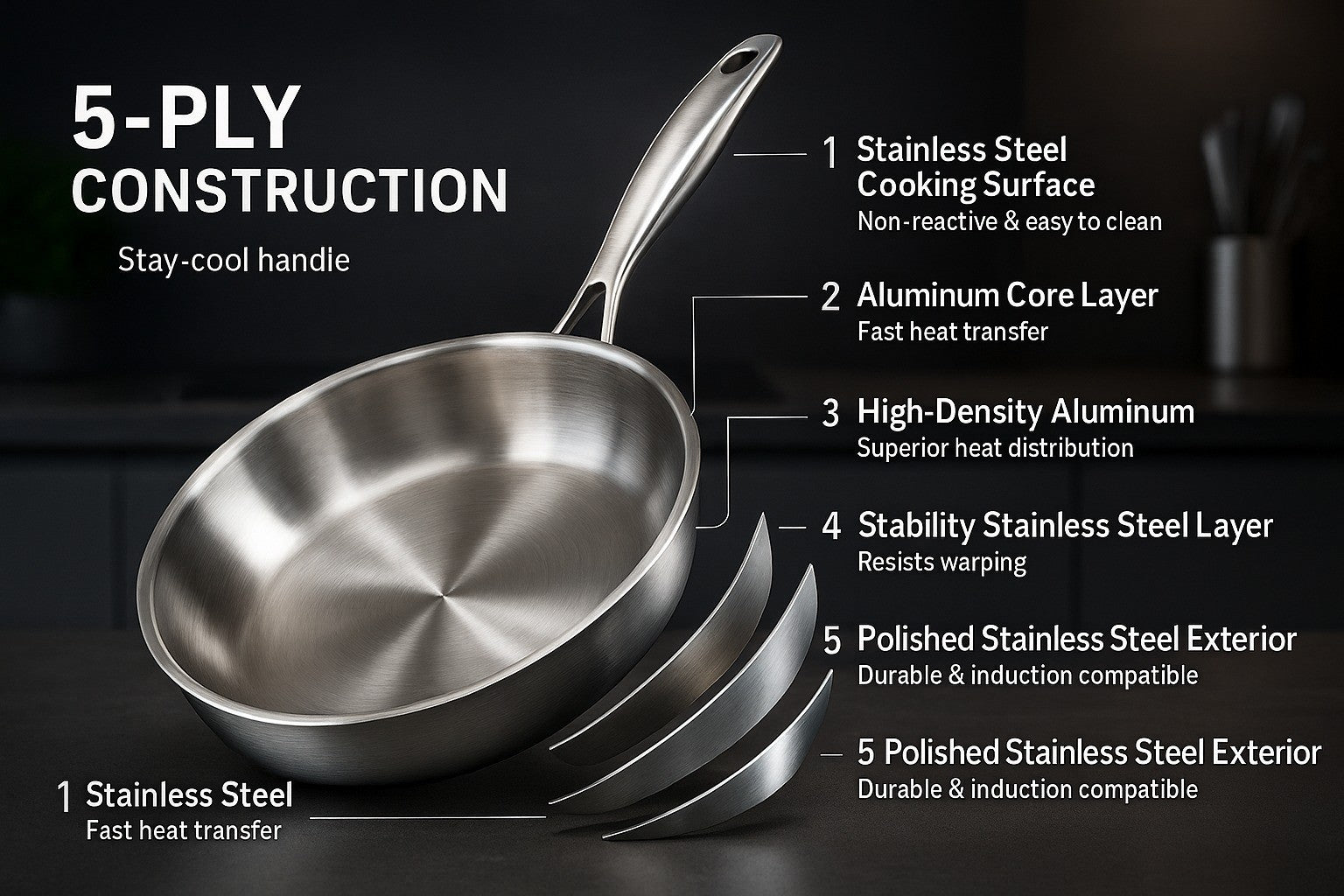 28cm Stainless Steel Frying Pan Induction Compatible Skillet Heavy Duty