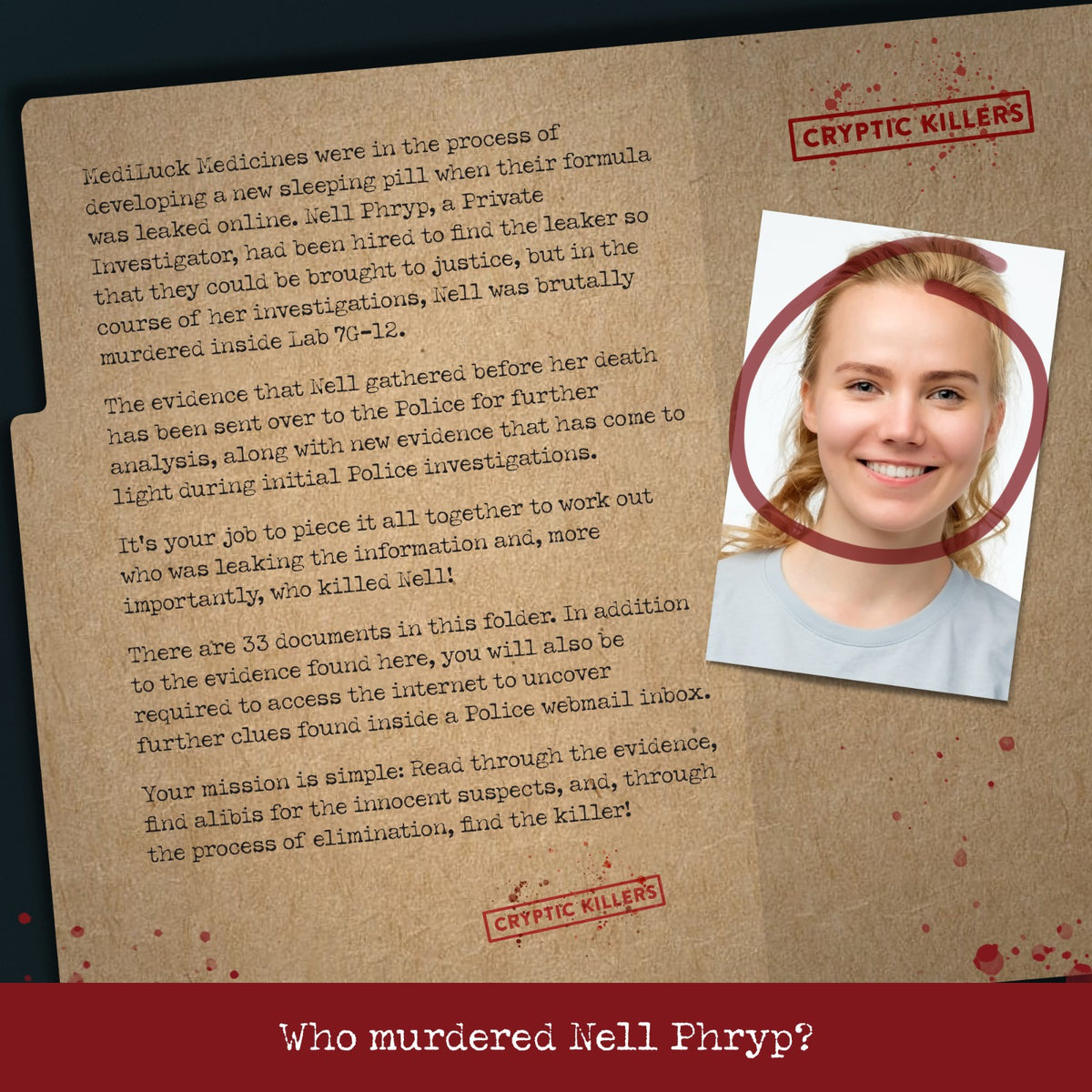 Cryptic Killers Unsolved Mystery Game – Murder at Mediluck Medicines Edition