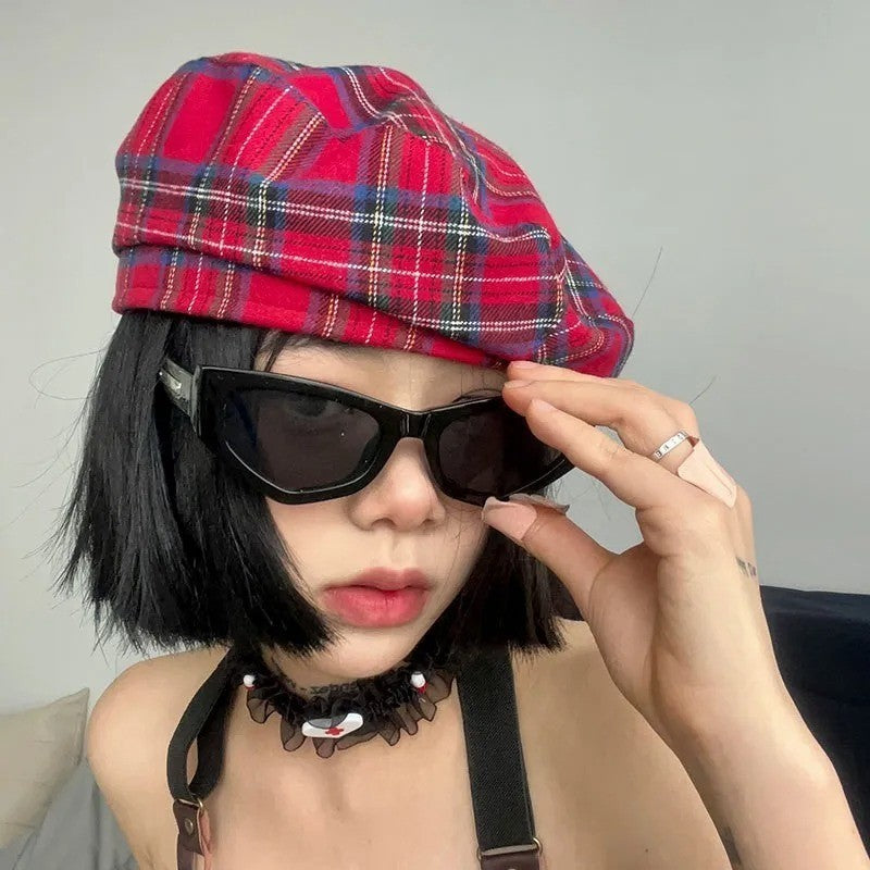 Women Striped Jacquard Beret Classic Casual Plaid Vintage Flat Top Painter Cap