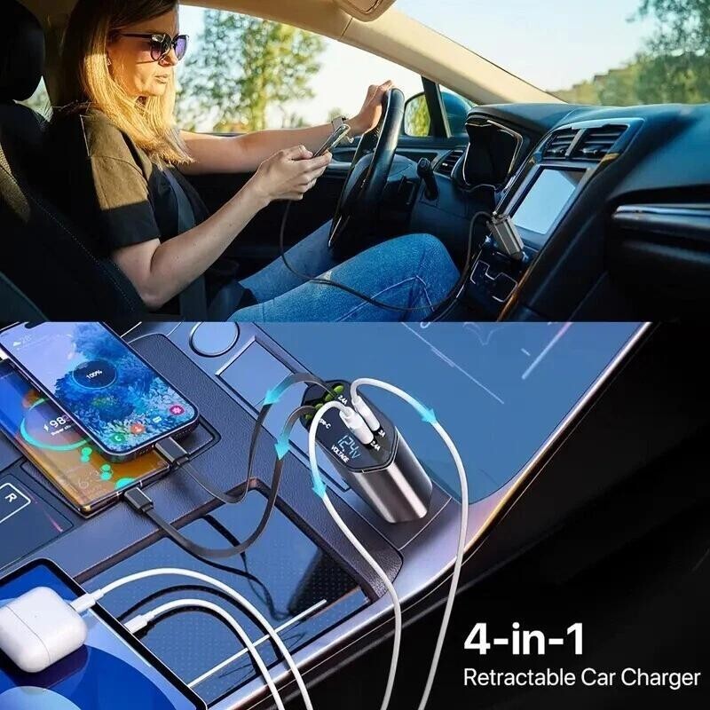 Retractable Car Charger 4IN1 120W USB Type C Cable For Phone Fast Charge Adapter
