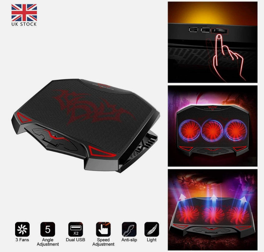 Quiet Laptop Cooler 3 Powerful Fans Gaming Cooling Mat Pad Stand Tilt 12-17" UK