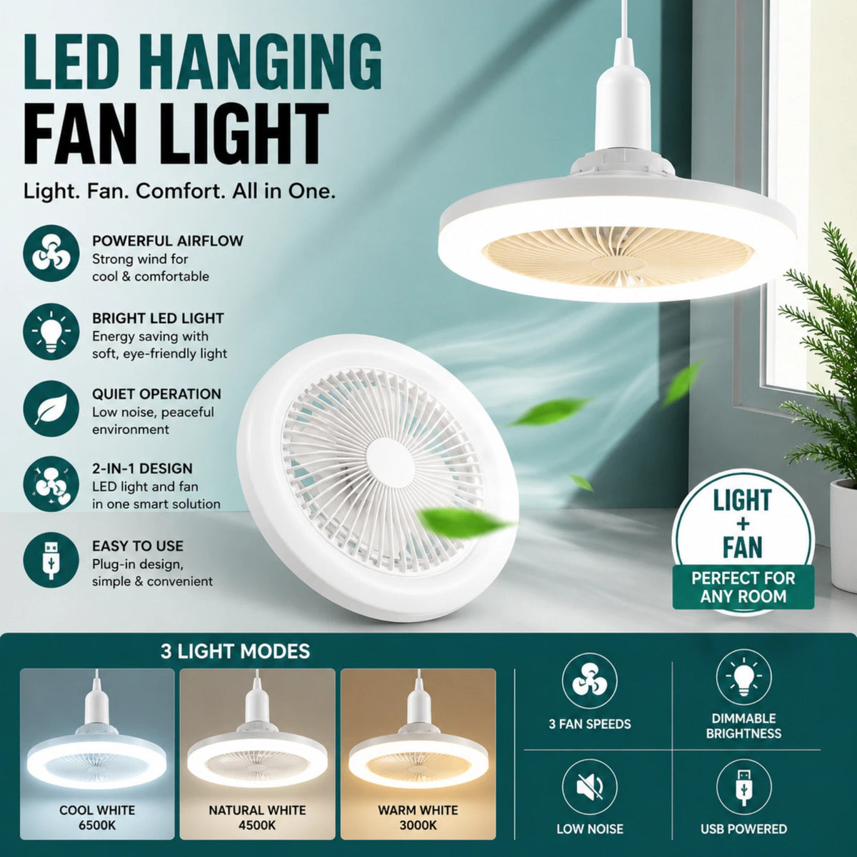 3 in 1 Rotatable E27 Socket Adapter Ceiling Fan Light Remote Control Home Lamp