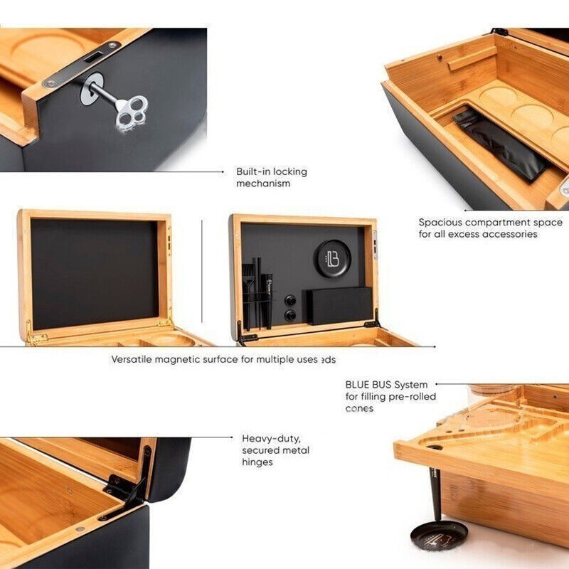 Bamboo Storage Chest with Movable Tray Wood Locking Stash Box Rolling Tray J0U6