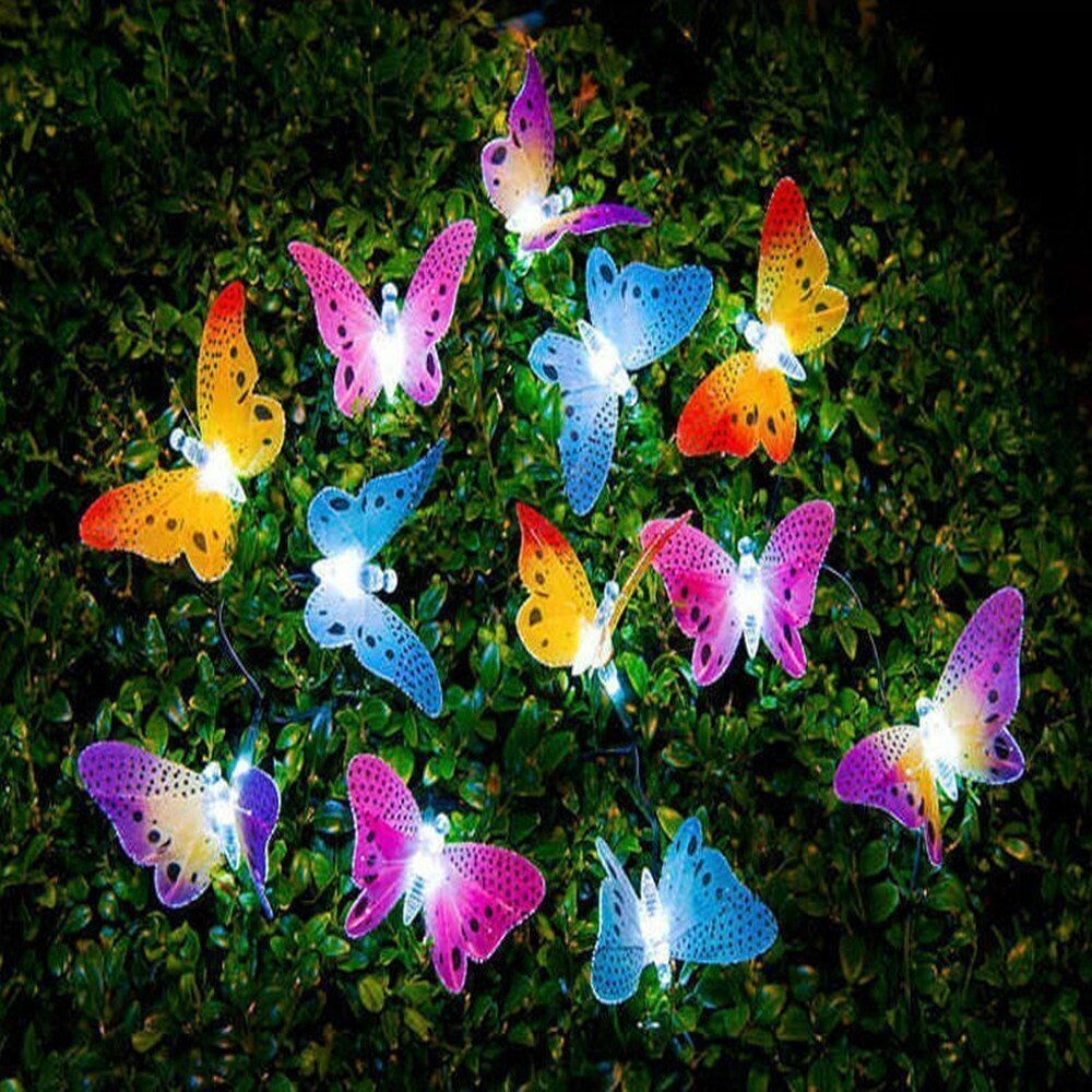 12Pcs LED Solar Powered Butterfly Fiber Optic Fairy String Outdoor Garden Lights