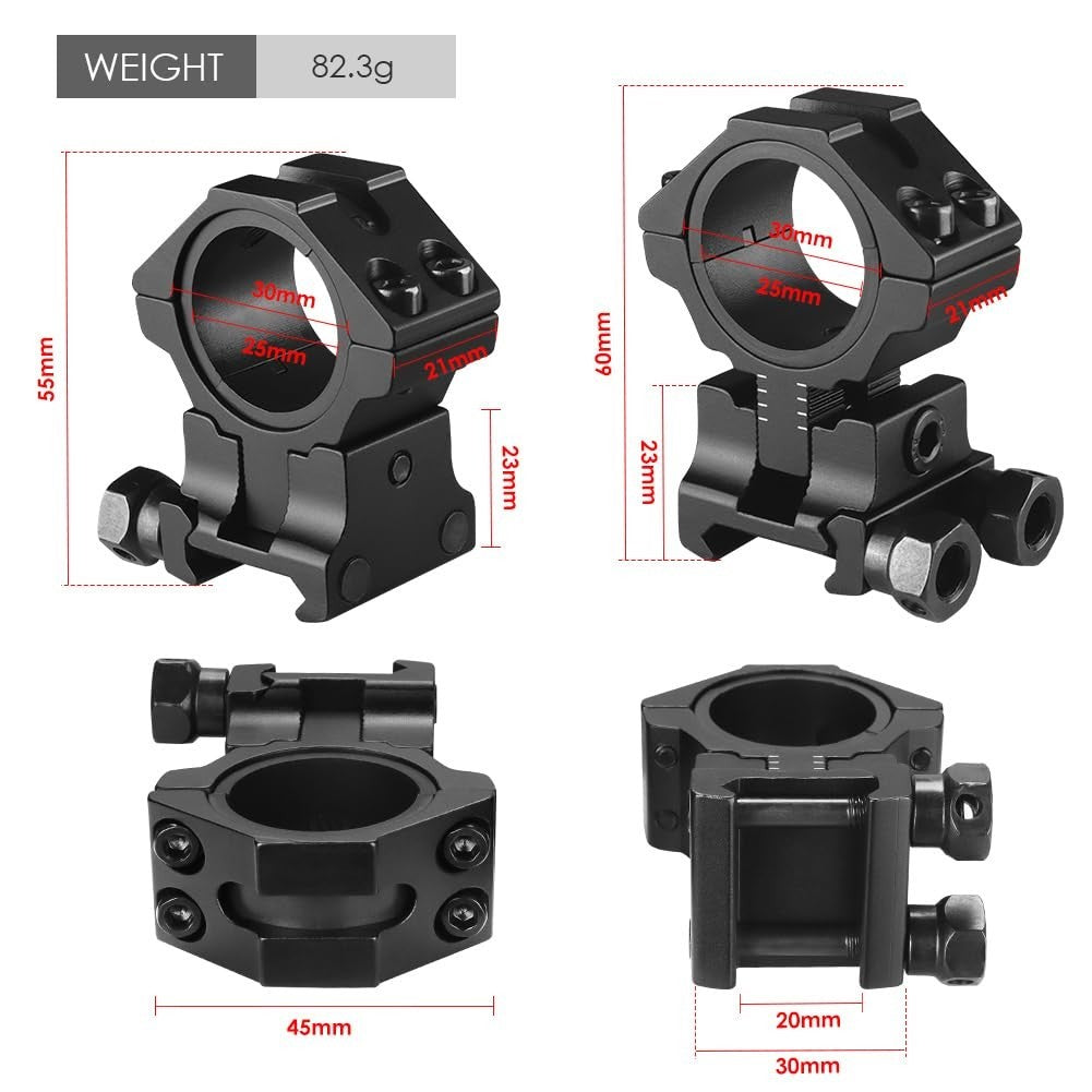 2x Scope Ring Mount 1''/30mm Precision Adjustable Height for 20mm Picatinny Rail