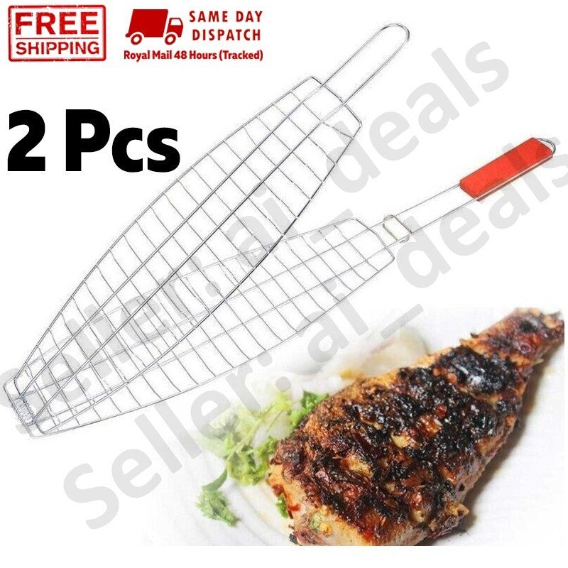 2 x Fish Grill Basket Rack Large BBQ Meat Folding Stand Long Handle Mesh 1243