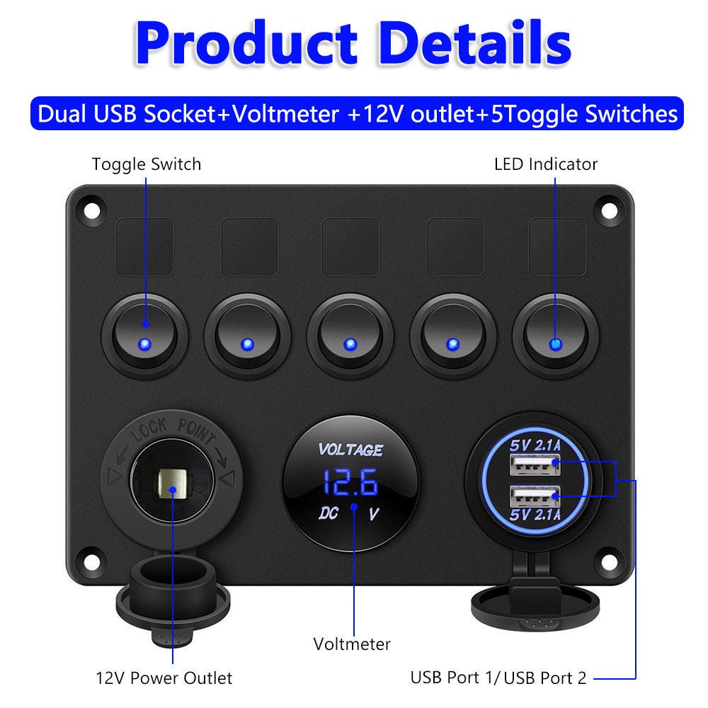 5 Gang 12V/24V Inline Fuse Box LED Switch Panel Dual USB Car Boat Truck Camper