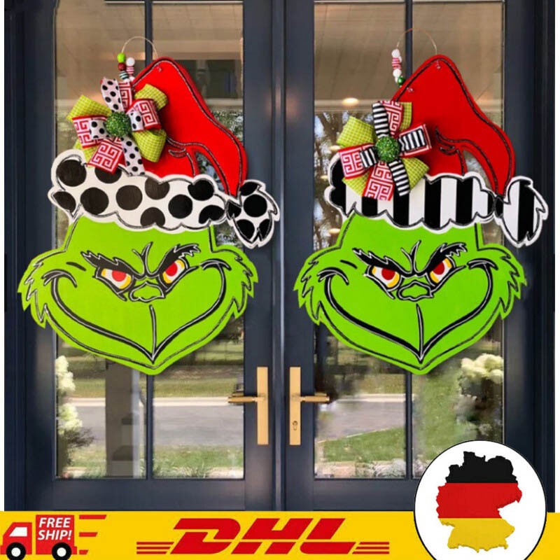Grinch Christmas Wooden Wreath Front Door Welcome Sign Home Decorations