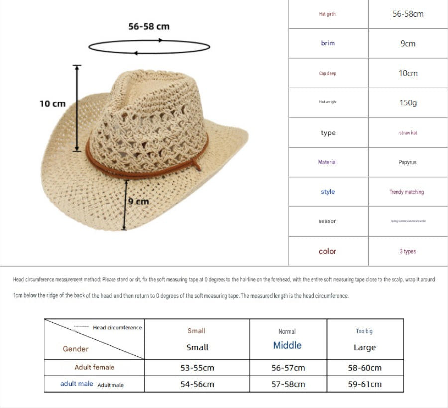 Straw Cowboy Hat Unisex Men Women Sun Hat Beach Outdoor Western Sunshade Cap
