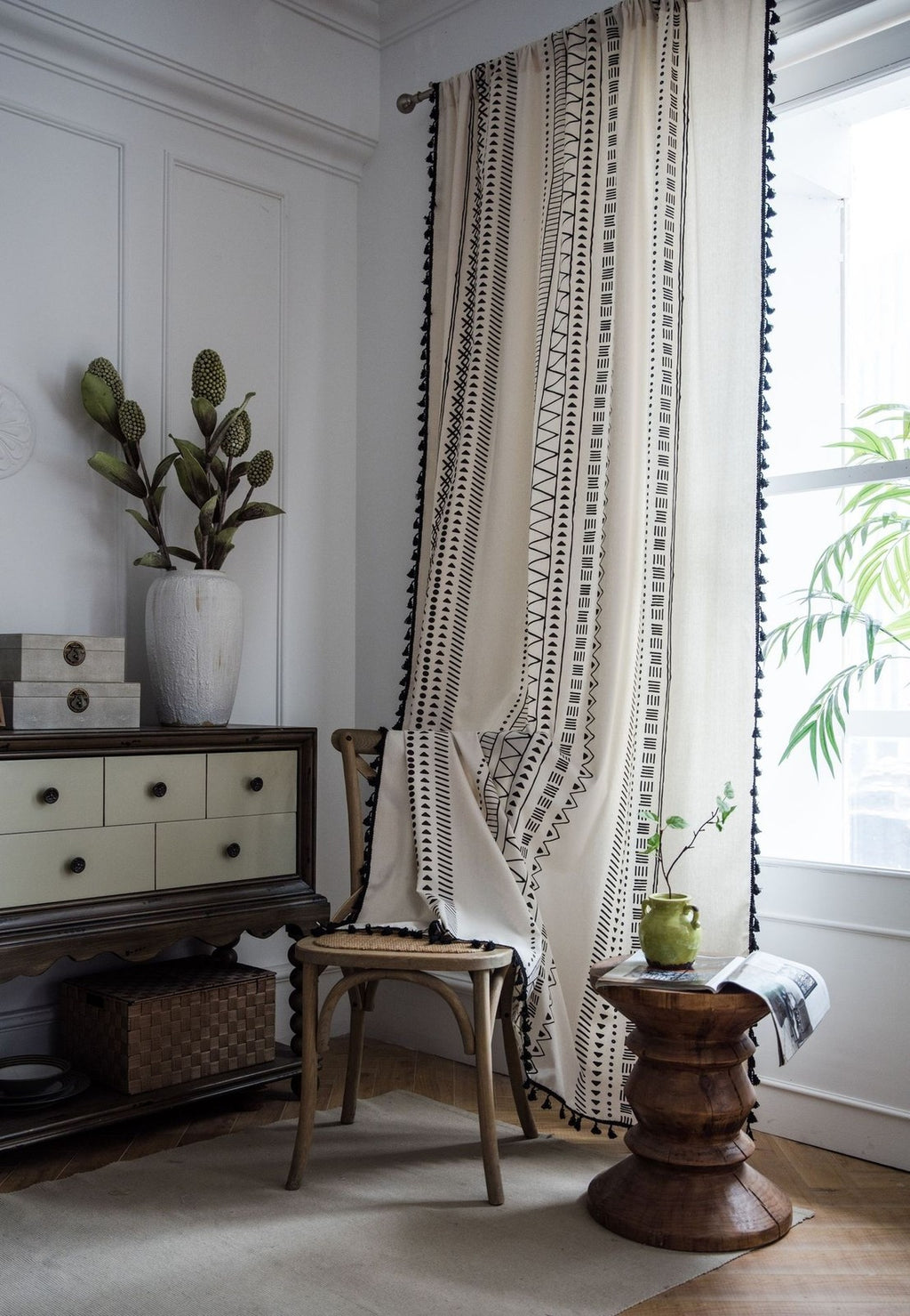 Geometric Tassels Panel Window Curtain Bohemian Cotton Linen Window Drapes