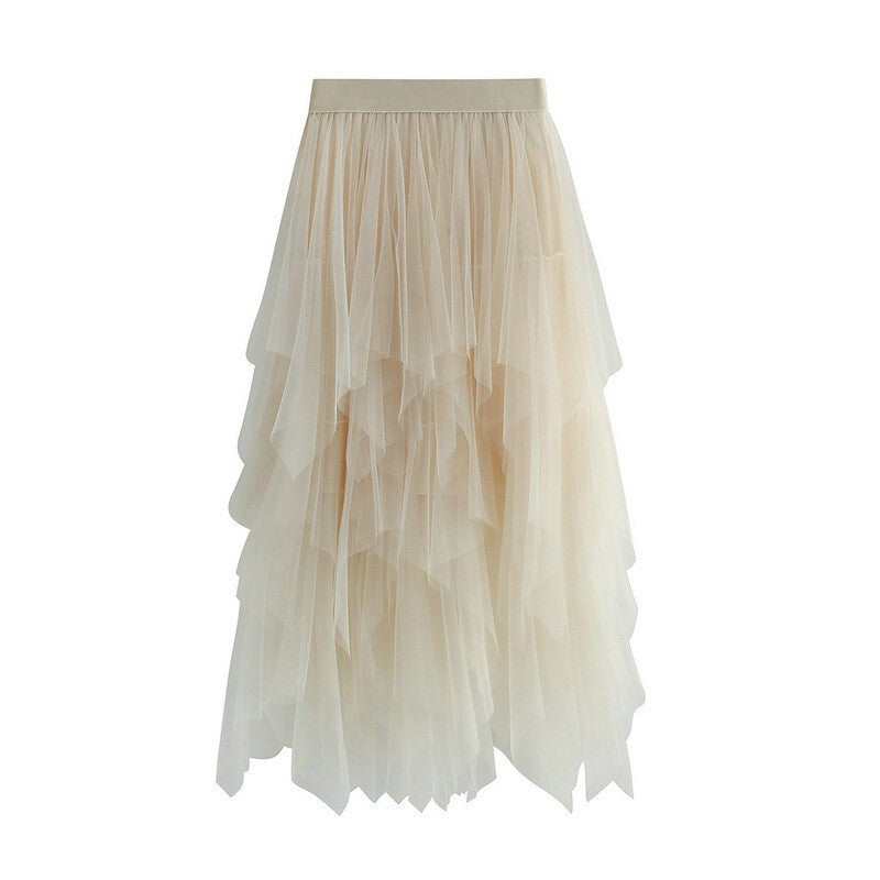 *Women's* Vintage Solid Color Layered Irregular Mesh Skirt Tulle Bubble Skirt.