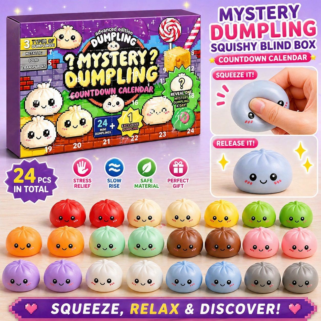 24PCS Squishy Dumpling Bao Bun Glitter Stress Relief Toy Mystery Blind Box