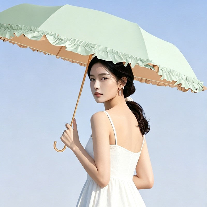 Portable Lace Folding Curved Hook Rain Umbrella Sun UV UPF50+ Protection Parasol