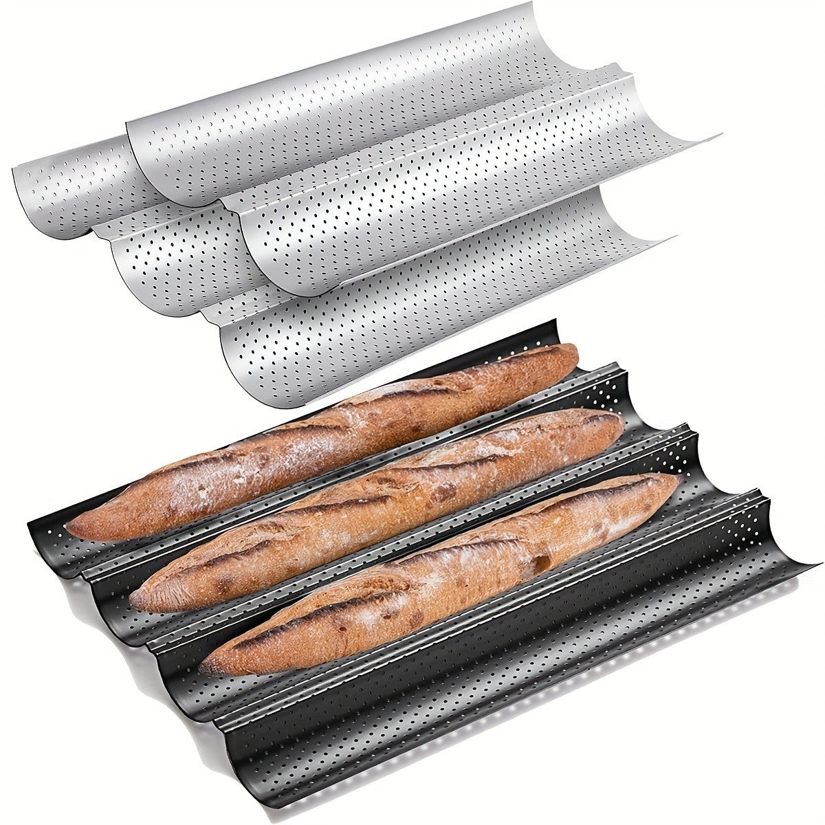 Non-stick French Baking Bread Mold 3 Wave Perforated Baguette Cake Bake Tray Pan