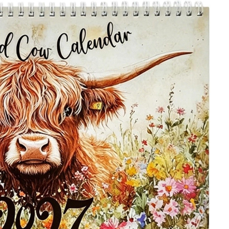 Highland Cow Calendar 2027, Watercolour Cows Monthly Planner Scottish Wall Decor
