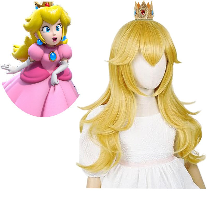 Mario Peach Blossom Princess cosplay wig long hair and crown headpiece