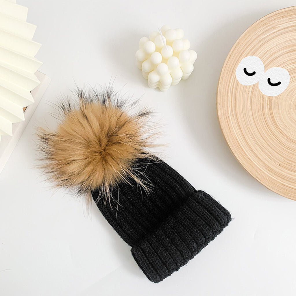 Womens Warm Winter Hat Genuine Fur Pom Pom 15cm Ball Knit Beanie Ski Caps