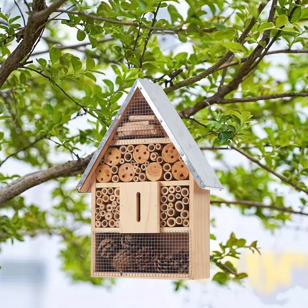 Wooden Insect Hotel Metal Roof Nesting Home Bee Keeping Bug Garden Ladybird Box