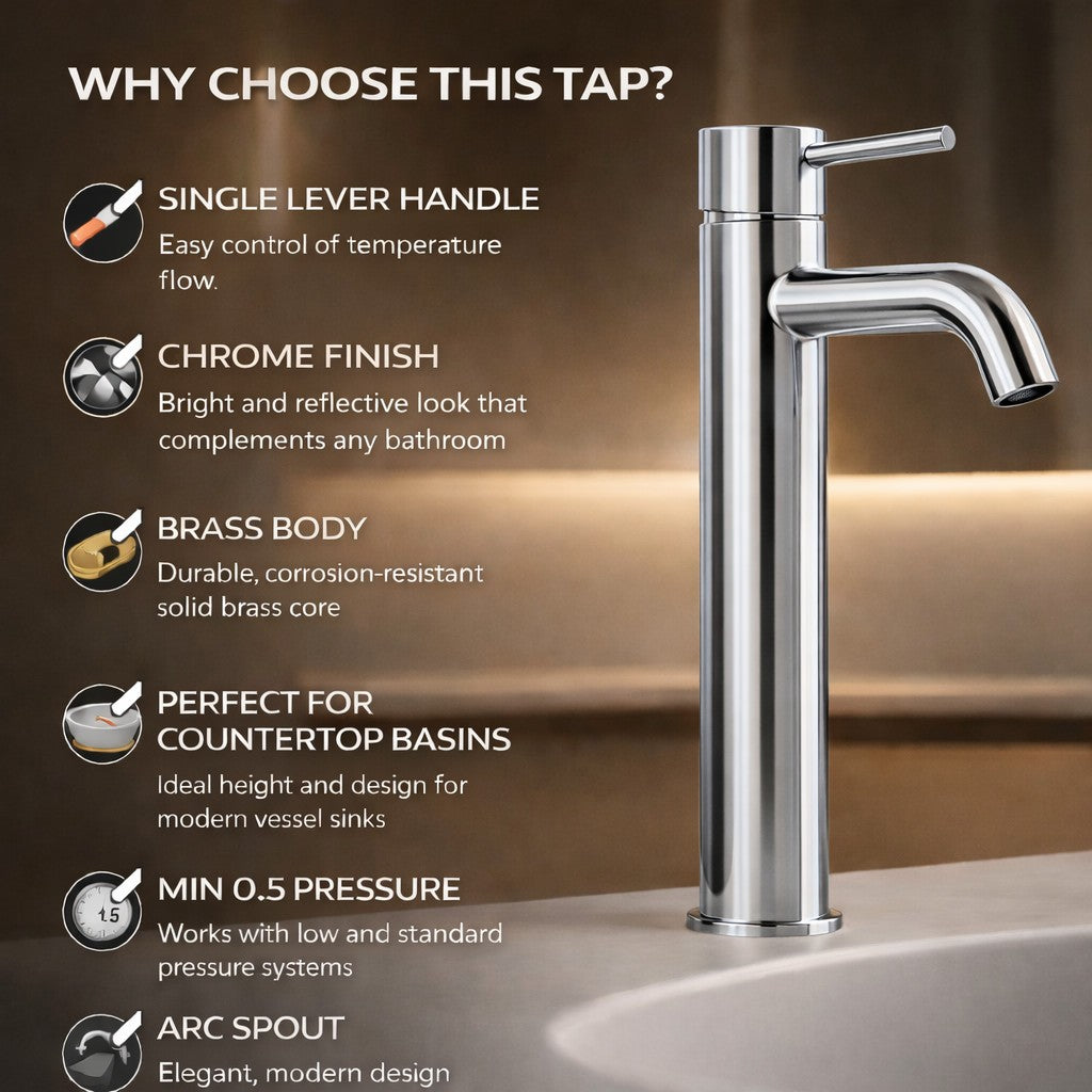 Chrome High Rise Basin Mixer Tap Modern Bathroom Countertop Sink Mono Tap