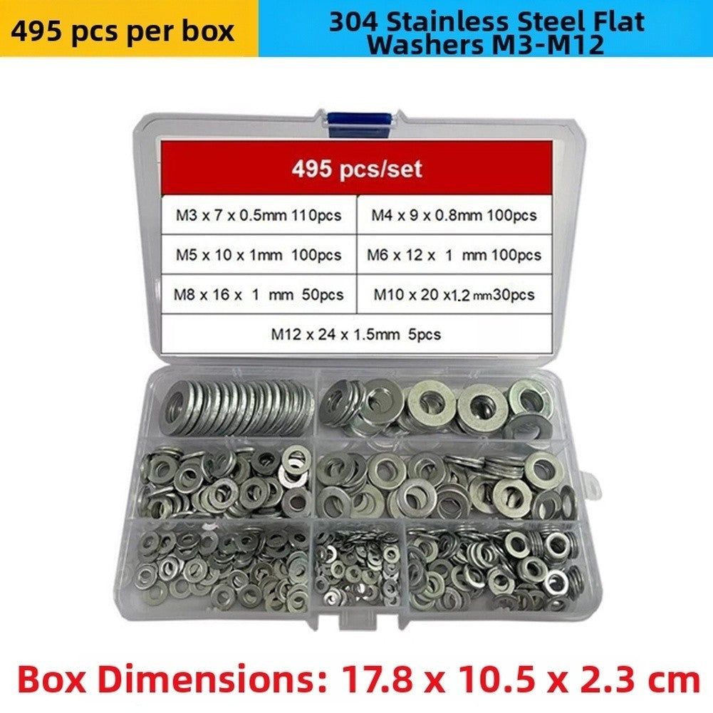 304 SS Flat Washers 495 Piece Set for M3 M5 M6 M8 M10 Metric Fasteners