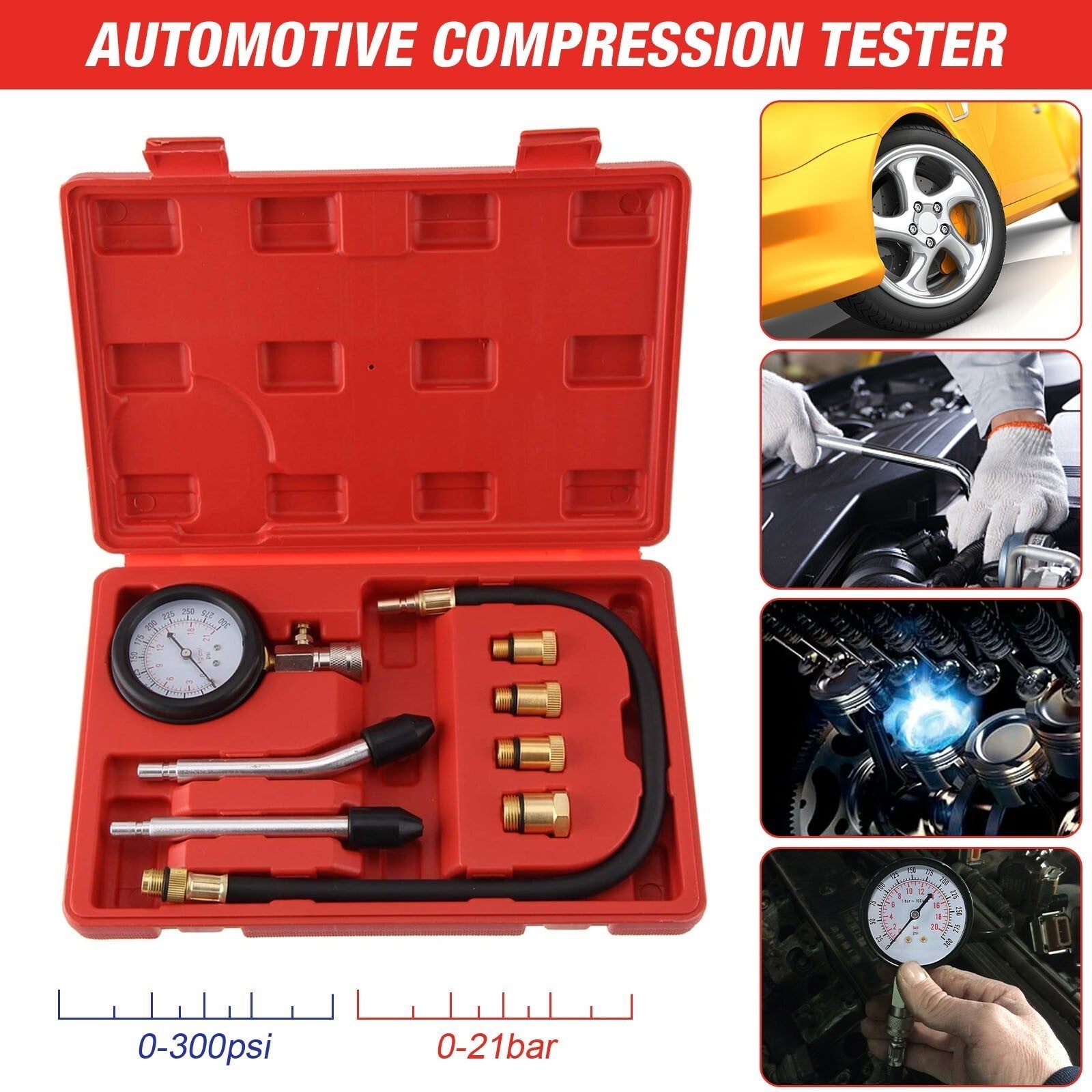 8PCS Petrol Engine Compression Tester for Automotives and Motorcycles Kit Set