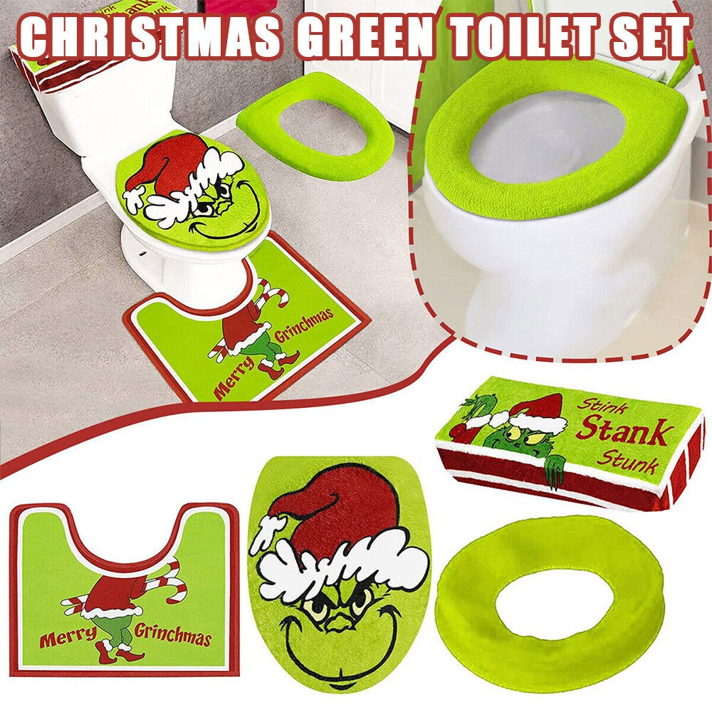 4PCS/Set Christmas Grinchs Decor Bathroom Toilet Pad Seat Cover-Rug for Bathroom