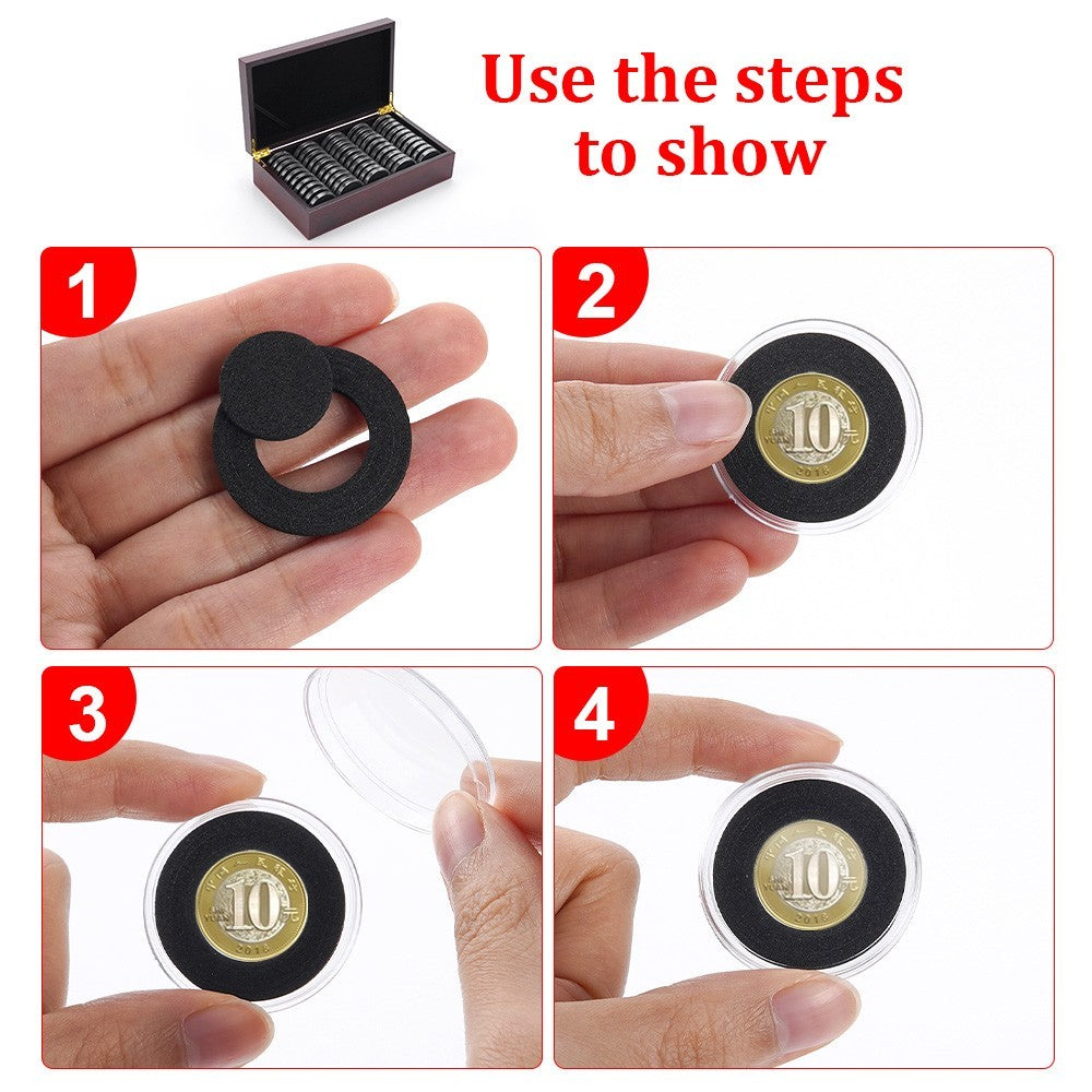 50pcs 46MM Coin Capsules Storage Box&Wooden Case Holders Collection Display