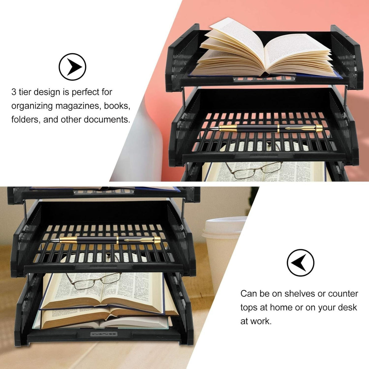 3 Tier Stackable Desk Black A4 Letter Tray Filing Document Organiser Form Paper