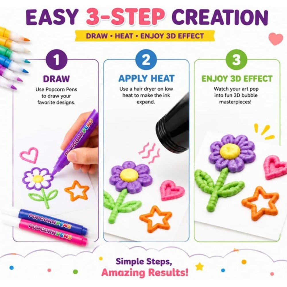 12pcs Magic Popcorn Pens DIY 3D Puffy Bubble Art Drawing For Kids Christmas Gift