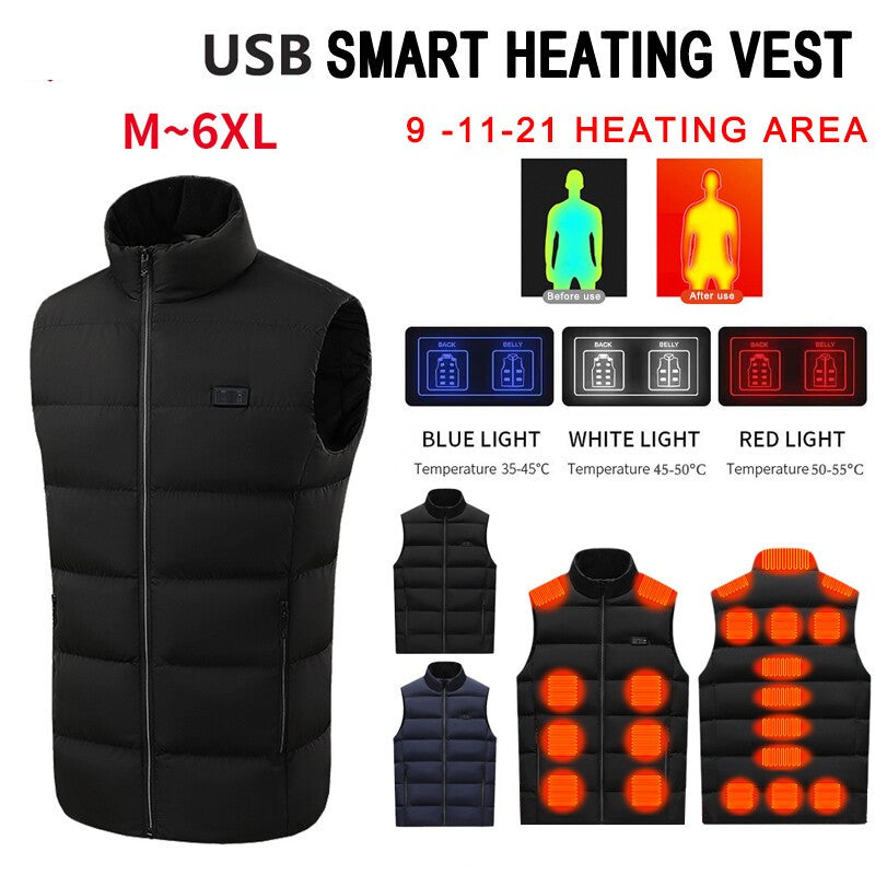 USB Men Electric Heated Vest Jacket 9 Zone Warm Up Heating Pad Cloth Body Warmer