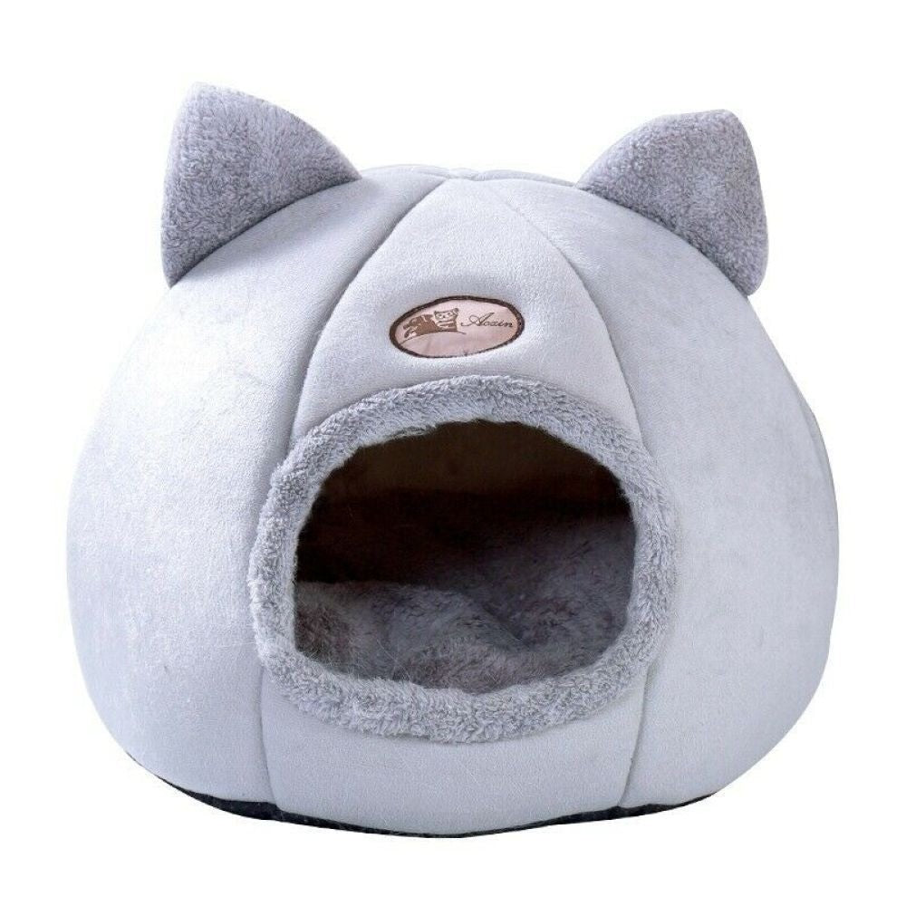 Large Cat Bed Cave Small Wool Cozy Pet Igloo Bed Winter House Nest Kennel Grey