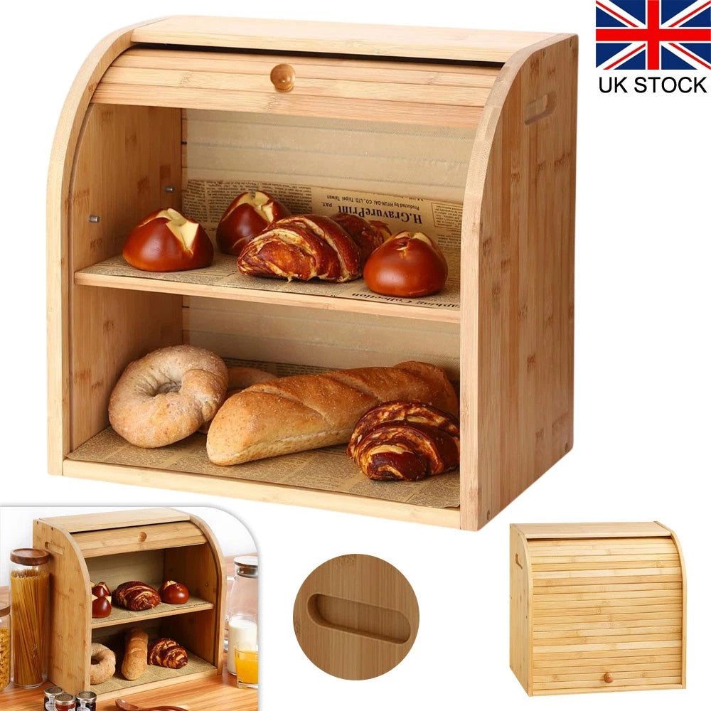 2 Tier Bamboo Bread Bin Double Layer Kitchen Storage Container Loaf Bread Box UK