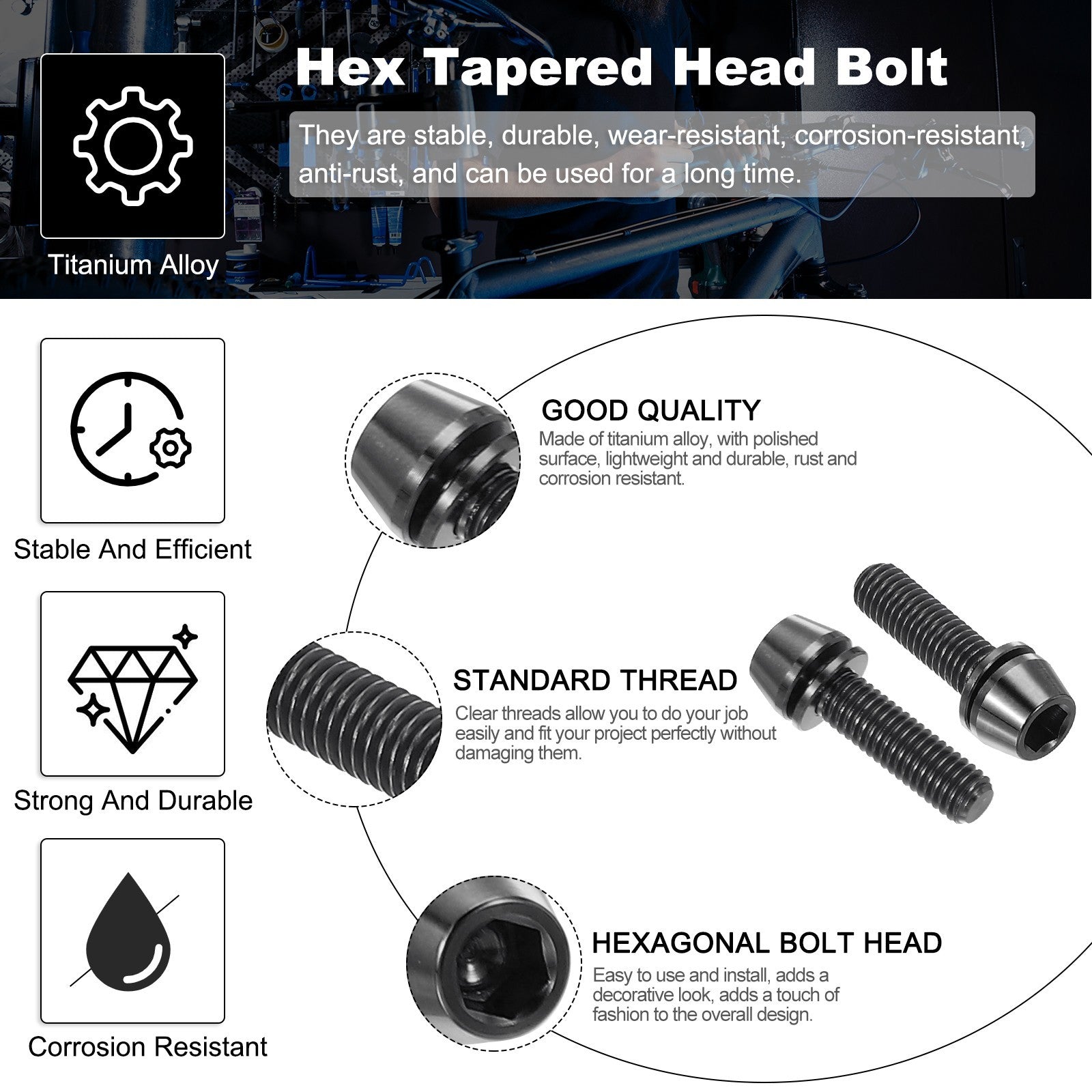 6Pcs M5x18mm Stainless steel Bike Stem Bolt Hex Tapered Head Bolt Black MTB Road