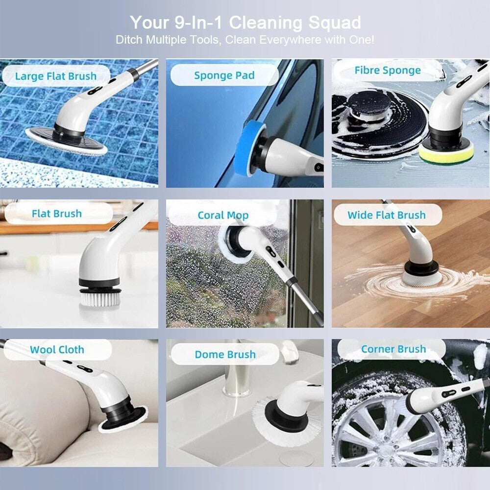 Electric Cordless Spin Scrubber Handheld Cleaning Brush Turbo Scrub Tool 9 in 1