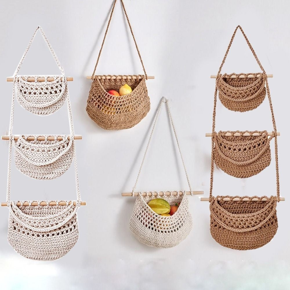 1/3-Tier Macrame Fruit Hammock Storage Basket Hanging Vegetable Holder Pockets