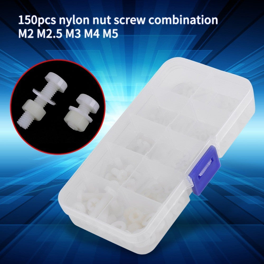 150 pcs M2 M2.5 M3 M4 M5 Size Nylon Screw Nut Washer Assortment Kit