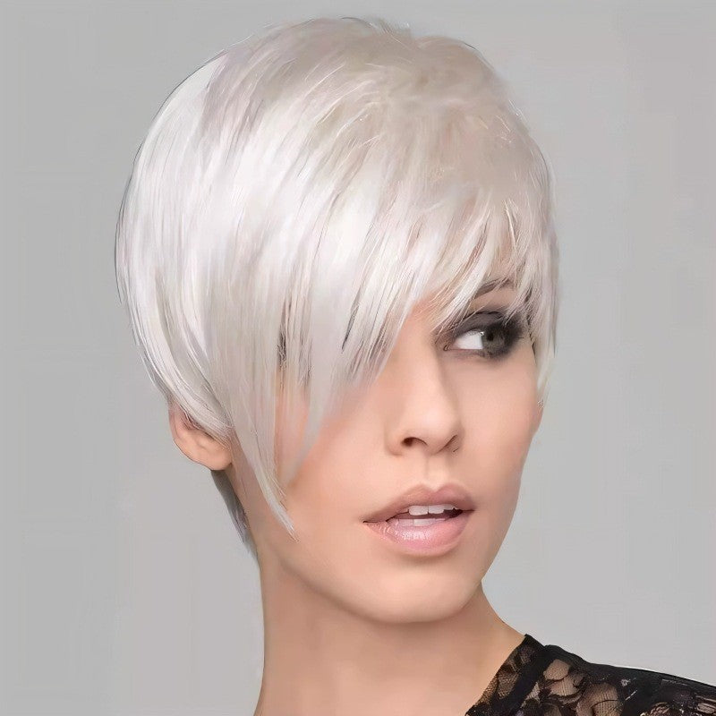 Stylish Silver-white Side-parted Long-bang Short Straight Wig for Ladies