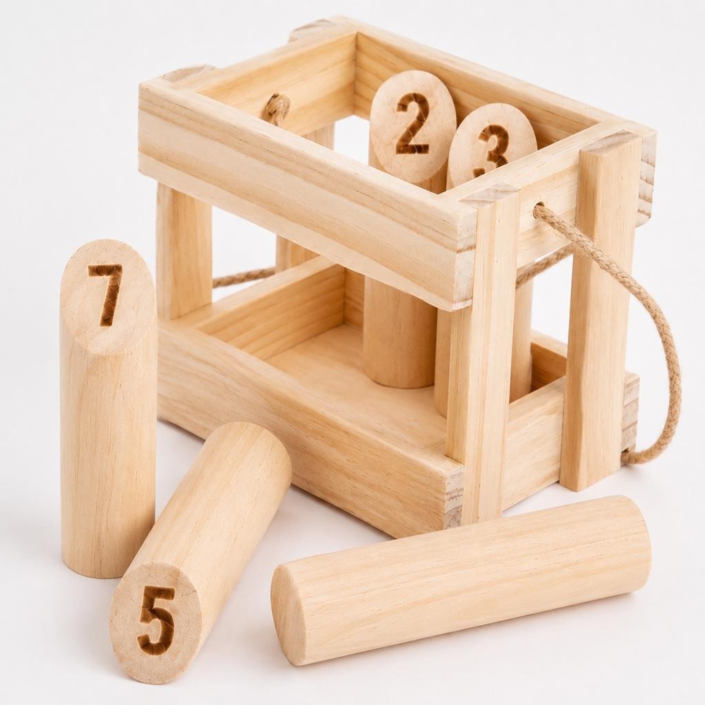 Wooden Molkky Game Set with Storage Box for Outdoor Family Fun and Play