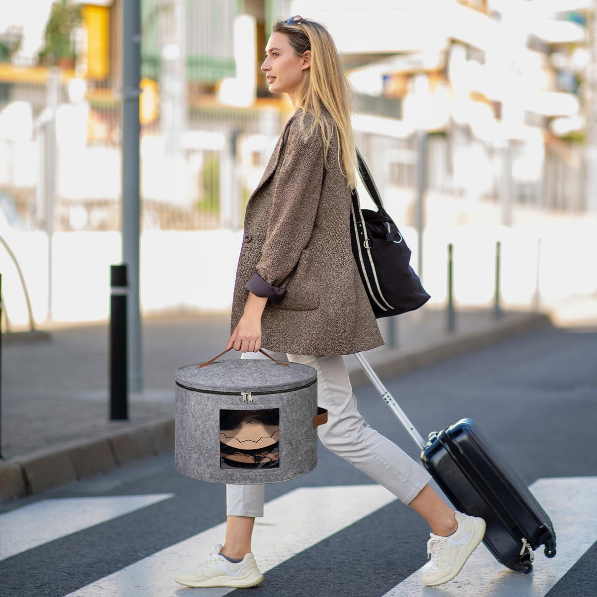 17''  Round Hat Storage Box for Women Men Travel Organizer Case w/ Dustproof Lid